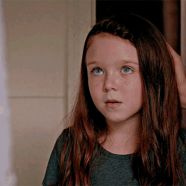 a little girl with long hair and blue eyes looks at the camera