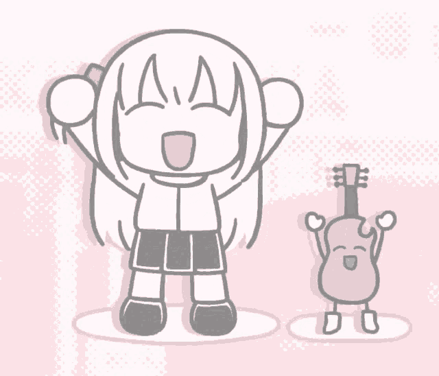 a drawing of a girl holding a microphone and a guitar