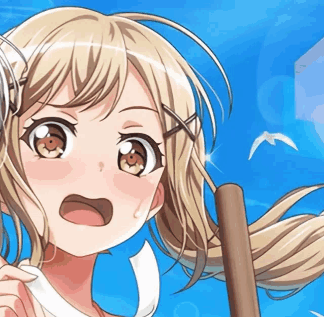 a girl with blonde hair is holding a wooden stick