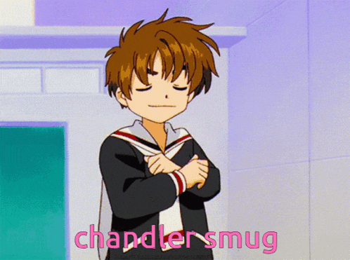 a boy with his eyes closed and the words chandler smug written in pink