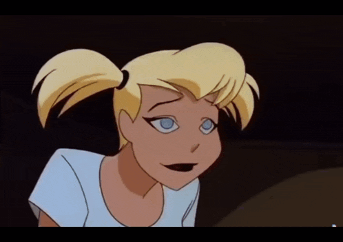 a close up of a cartoon character with blonde hair and pigtails