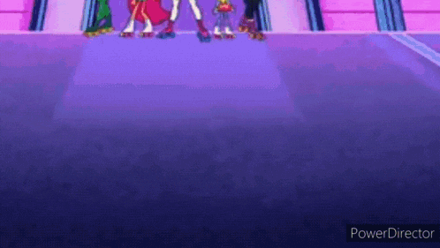 a group of cartoon characters are rollerblading on a purple carpet .