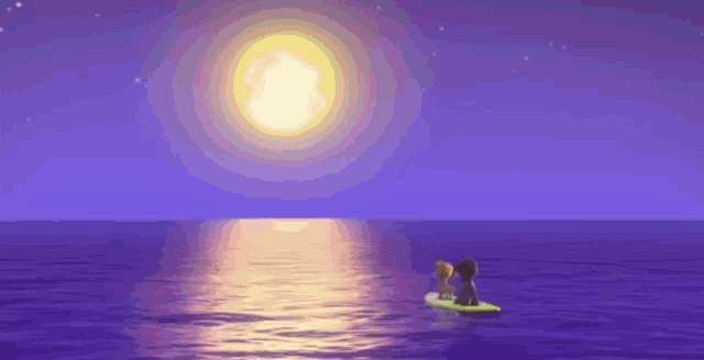 snoopy and woodstock are riding a surfboard in the ocean at sunset .