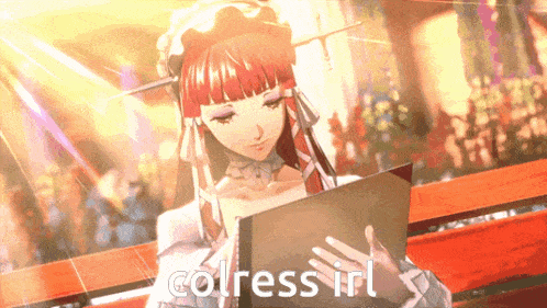 a girl with red hair is reading a book and the word cotress is visible