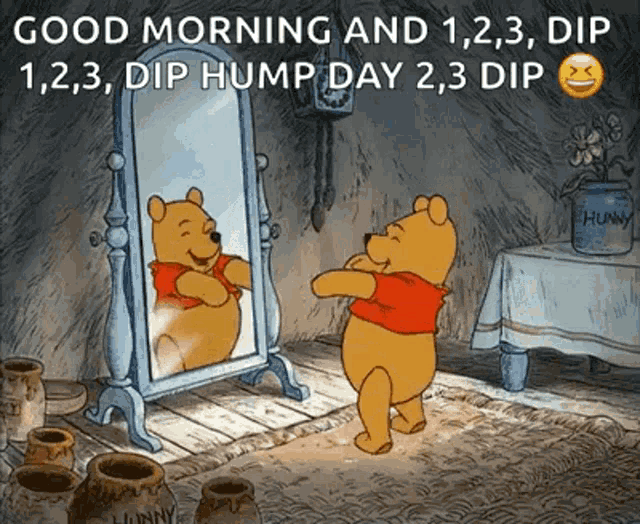 a cartoon of winnie the pooh looking in a mirror