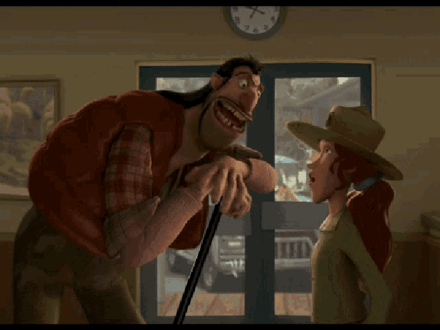 a man with a cane is talking to a woman in a room