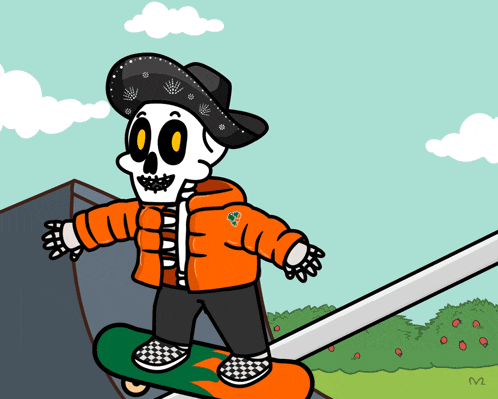 a cartoon of a skeleton wearing an orange jacket and black hat riding a skateboard