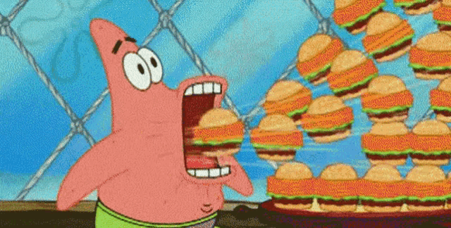 patrick star from spongebob squarepants is eating hamburgers .