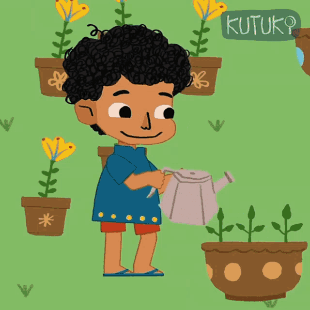 a cartoon drawing of a boy watering potted plants with the word kutuk on the bottom