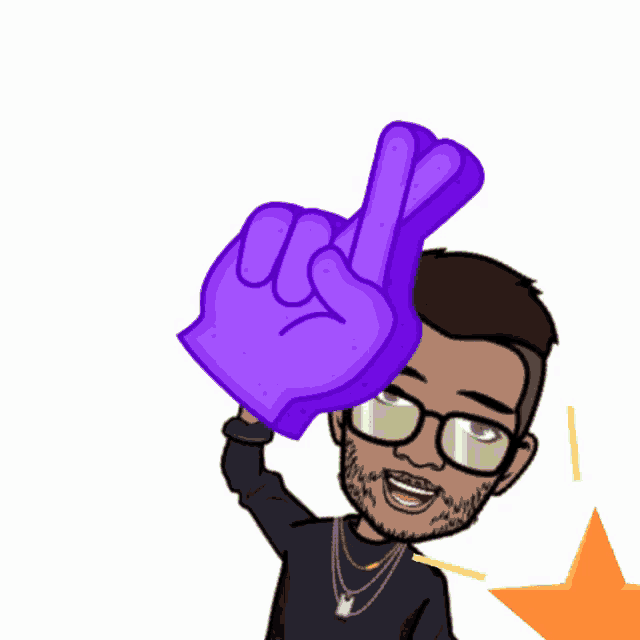 a cartoon of a man holding a purple finger crossed