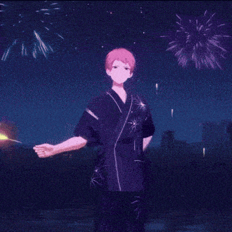 a boy with pink hair is holding a firework display in his hand