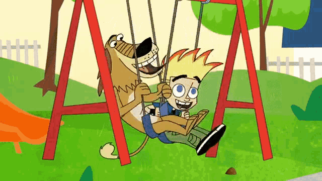 a cartoon of a boy and a dog on a swing with the letter a behind them