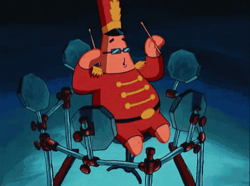 a cartoon character playing drums in a band