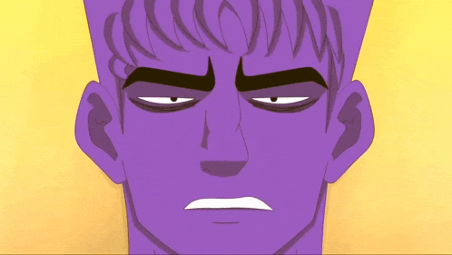 a cartoon drawing of a man with a purple head and white eyes