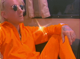 a man wearing sunglasses and an orange jacket looks out a window