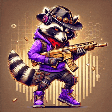 an illustration of a raccoon wearing a hat and holding a gun