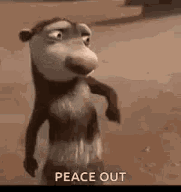 a cartoon opossum is standing on a sandy beach and says peace out .