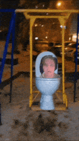a picture of a child in a toilet on a swing set