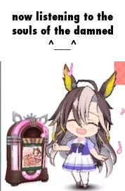 a cartoon girl is standing next to a jukebox with the words `` now listening to the souls of the damned ''