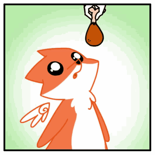 a cartoon of a cat with wings looking up at a chicken wing