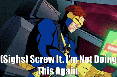 a cartoon of a superhero with the words " sighs screw it i 'm not doing this again "
