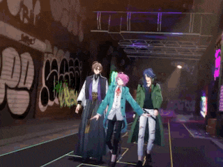 three anime characters standing next to each other in front of a wall with graffiti on it