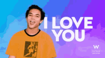 a man in a yellow shirt says i love you on a blue and purple background