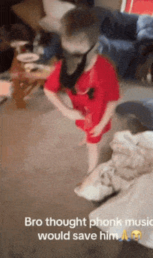 a little boy wearing a mask is standing in a living room with the words bro thought phonk music would save him