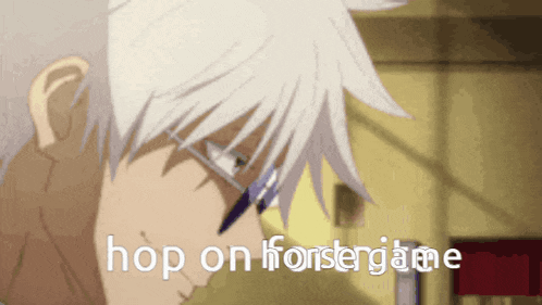 a close up of a person 's face with the words hop on forstergame below it