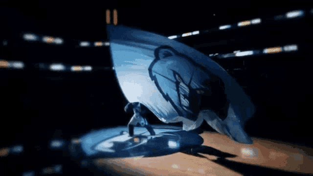 a person is waving a blue and white flag with a logo on it