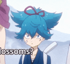 a cartoon character with blue hair and the words blossoms written above him
