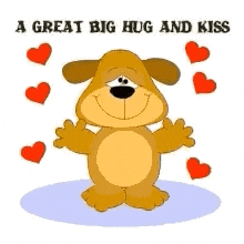 a cartoon dog is surrounded by red hearts with the words a great big hug and kiss