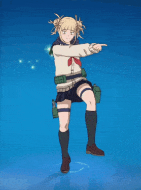 a girl with a scarf around her neck is dancing with a blue background