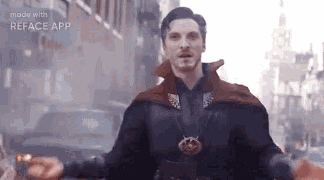 a man in a doctor strange costume is standing in front of a building in a city .