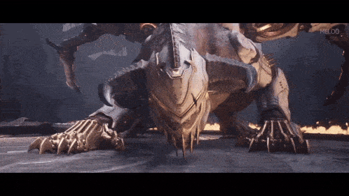 a monster with sharp claws and horns is crawling on the ground