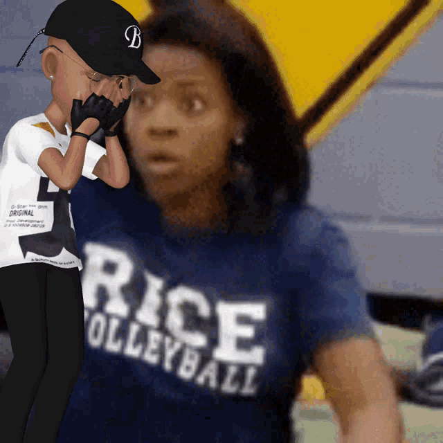 a person wearing a rice volleyball shirt stands next to another person