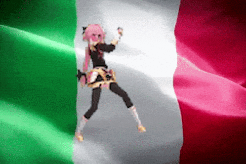 a girl with pink hair is standing in front of a flag