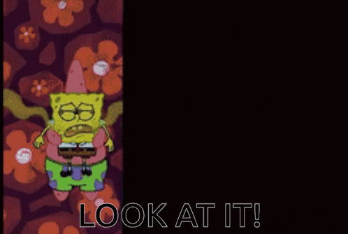 a cartoon of spongebob and patrick with the words look at it below them