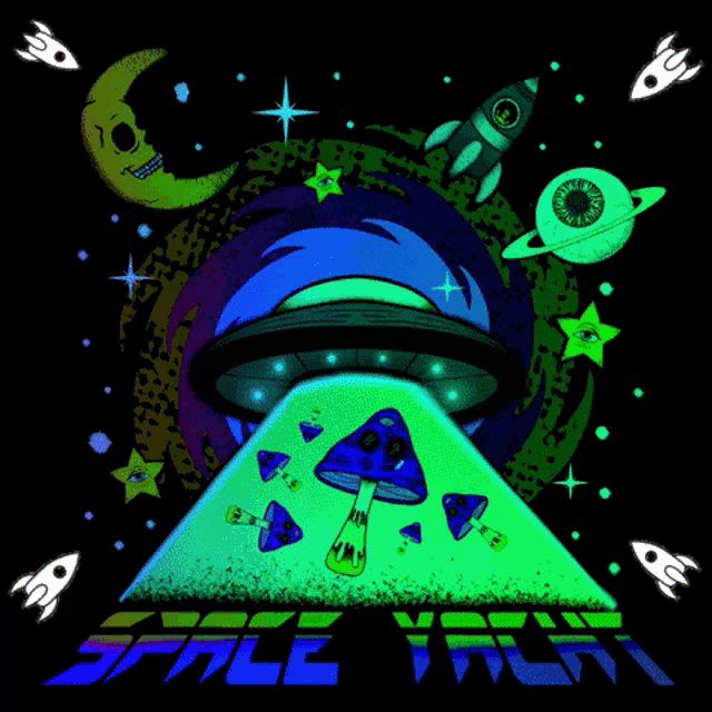a colorful illustration of a ufo and mushrooms with the words space yacht below it