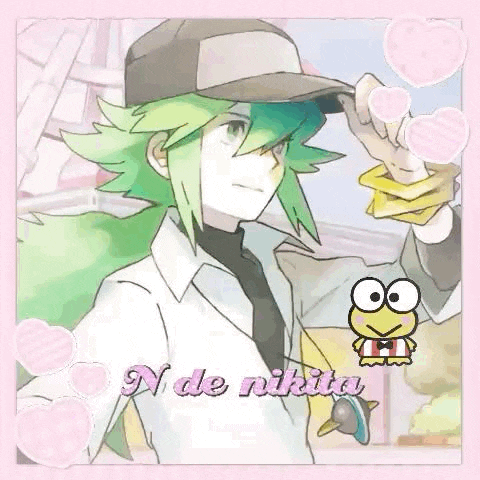 a boy with green hair is wearing a baseball cap and holding a frog .