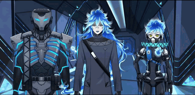 a man with blue hair stands next to a robot