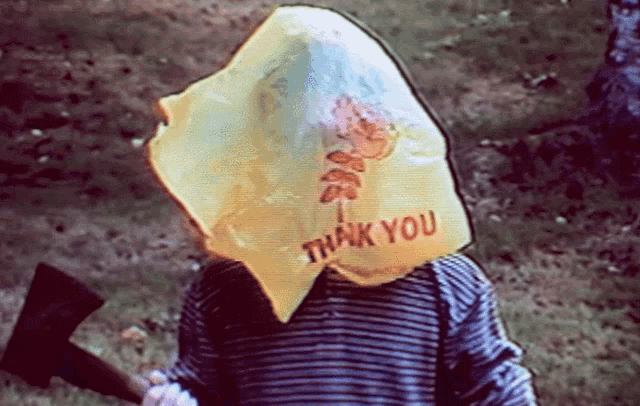 a person with a thank you bag on their head holding an axe