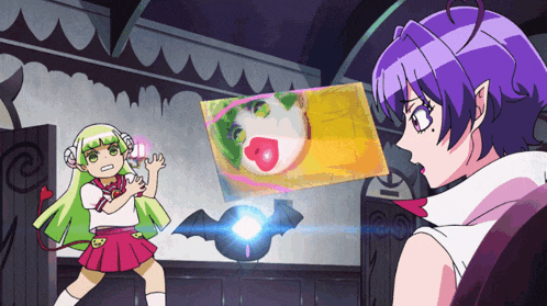 a girl with green hair is standing next to a purple girl with purple hair