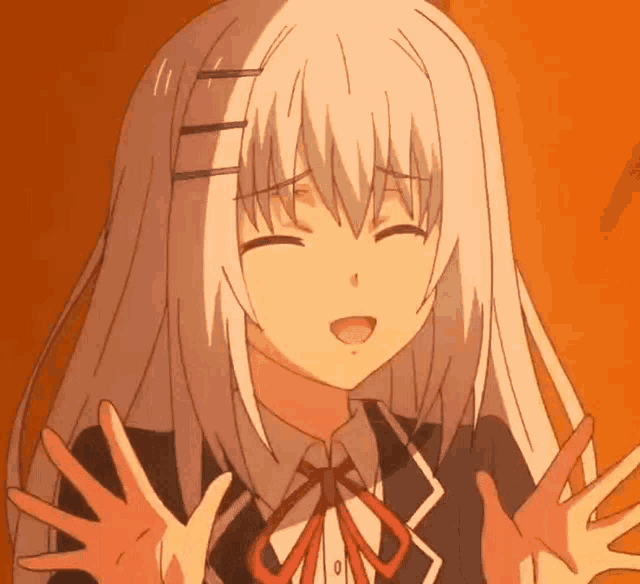 a girl with long white hair and a red bow tie