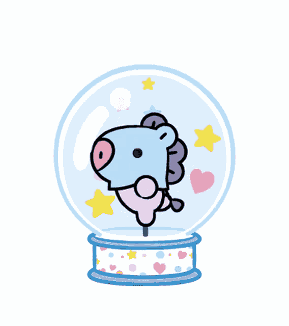 a cartoon drawing of a pig in a snow globe with stars and hearts