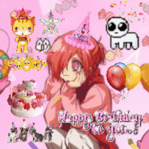 a birthday card with a girl wearing a pink party hat