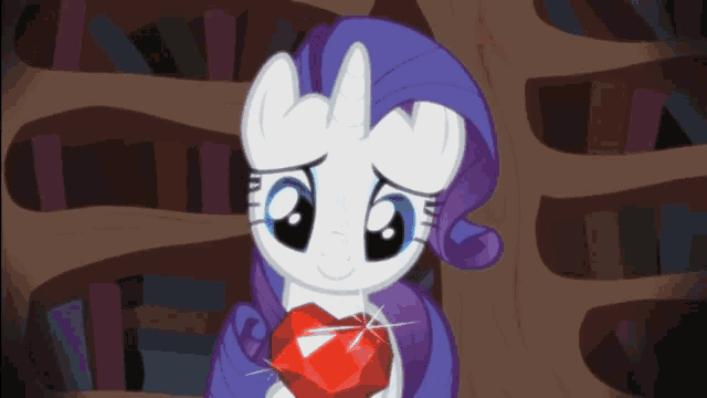 a cartoon pony holding a red heart in her hand