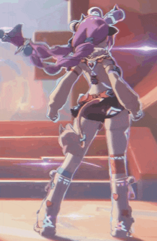 a cartoon character with purple hair is standing in front of a staircase
