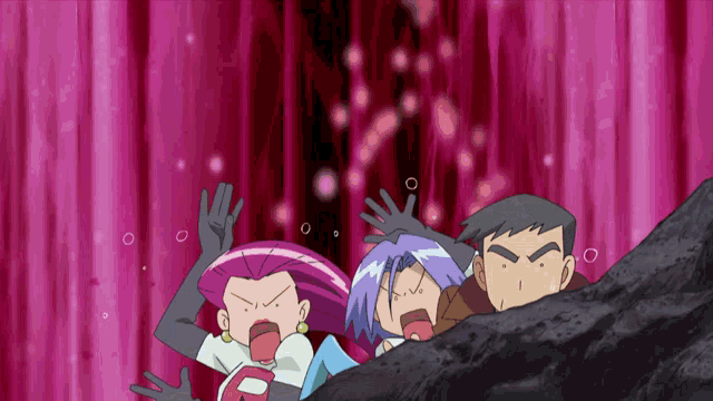 a group of cartoon characters are screaming in front of a pink curtain