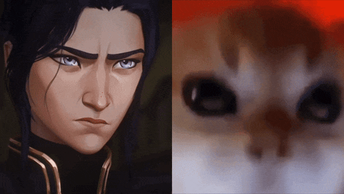 a painting of a man next to a close up of a cat 's face